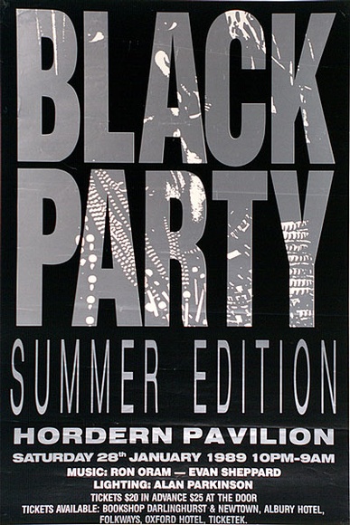 Title: b'Black Party, Hordern Pavilion' | Date: 1989 | Technique: b'screenprint, printed in black and silver ink, from two stencils'