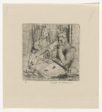 Artist: b'WILLIAMS, Fred' | Title: b'At the picture framers. Number 2' | Date: 1955-56 | Technique: b'etching and rough biting, printed in black ink, from one copper plate' | Copyright: b'\xc2\xa9 Fred Williams Estate'