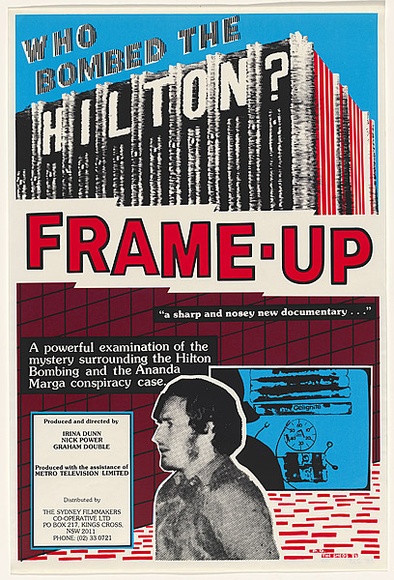 Artist: b'Debenham, Pam.' | Title: b'Frame-up - Who Bombed the Hilton?.' | Date: 1984 | Technique: b'screenprint, printed in colour, from four stencils'