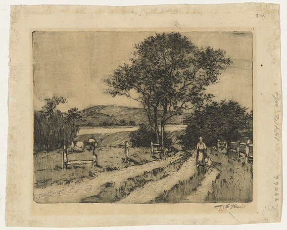 Artist: b'Reid, D.G.' | Title: b'(Cow paddock with milkmaid)' | Date: c.1910 | Technique: b'etching, printed in black ink with plate-tone, from one plate'