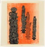 Artist: b'Thorpe, Lesbia.' | Title: b'The columns of Taiwan' | Date: 1977 | Technique: b'linocut, printed in colour, from two blocks'