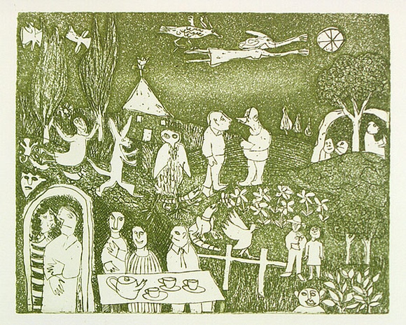 Artist: b'Allen, Joyce.' | Title: b'(Tea party).' | Date: (1980s) | Technique: b'etching, aquatint printed in green ink, from one copper plate'