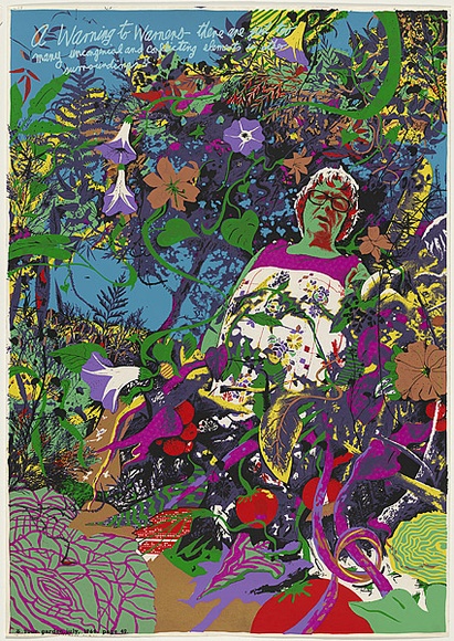 Artist: b'WORSTEAD, Paul' | Title: bA warning to Warners (picture of Paul's grandmother in her garden). | Date: 1975 | Technique: b'screenprint, printed in colour, from 12 stencils' | Copyright: b'This work appears on screen courtesy of the artist'