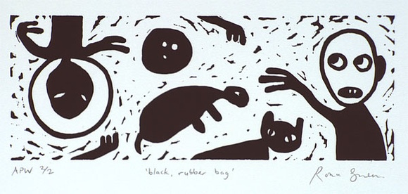 Artist: b'Green, Rona.' | Title: b'Black rubber bag' | Date: 2001, October | Technique: b'linocut, printed in black ink, from one block'