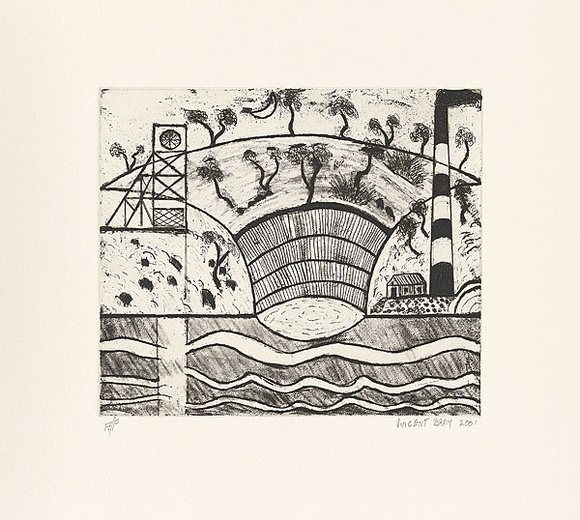 Artist: b'Bray, Vincent.' | Title: b'not titled [mining landscape with dwelling]' | Date: 2001 | Technique: b'etching, printed in black ink, from one plate'