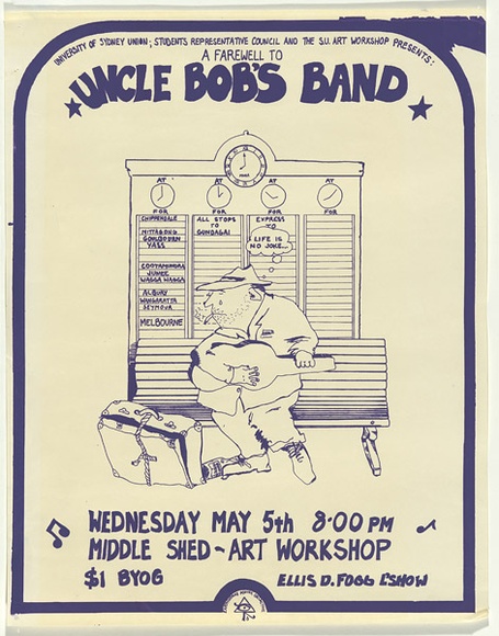 Artist: b'EARTHWORKS POSTER COLLECTIVE' | Title: bA farewell to Uncle Bob's Band | Date: 1976 | Technique: b'screenprint, printed in purple ink, from one stencil'