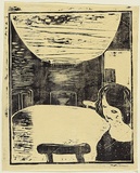 Title: b'not titled [woman at table]' | Date: c.1963 | Technique: b'woodcut, printed in black ink, from one block'