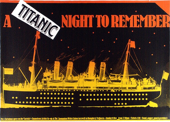 Artist: b'ARNOLD, Raymond' | Title: b'A Titanic night to remember. Farewell to Humphrey McQueen.' | Date: 1984 | Technique: b'screenprint, printed in colour, from multiple stencils'