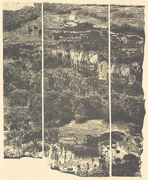 Title: b'Walking trees' | Date: 2006 | Technique: b'linocut, printed in grey ink, from 3 blocks'