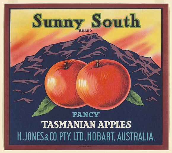 Artist: b'UNKNOWN' | Title: b'Label: Sunny South apples, Hobart' | Date: c.1930 | Technique: b'colpour lithograph,'