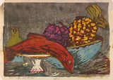 Artist: b'ROSENGRAVE, Harry' | Title: b'Still life with fish' | Date: 1955 | Technique: b'linocut, printed in colour, from four blocks'