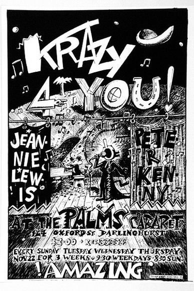 Artist: b'Sharp, Martin.' | Title: b'Krazy 4 you! Jeannie Lewis, Peter Kenny at the Palms Cabaret' | Date: 1979 | Technique: b'screenprint, printed in black ink, from one stencil'