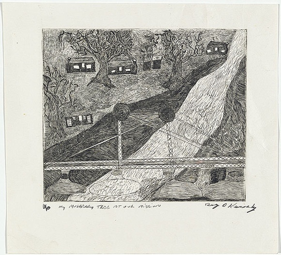 Artist: b'Kennedy, Roy.' | Title: b'My mulberry tree at our mission' | Date: 1999 | Technique: b'etching, printed in black ink, from one plate'