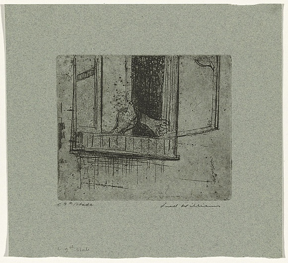 Artist: b'WILLIAMS, Fred' | Title: b'Feeding the pigeon' | Date: 1955-56 | Technique: b'etching, aquatint, rough biting, engraving, drypoint, printed in black ink, from one zinc plate' | Copyright: b'\xc2\xa9 Fred Williams Estate'