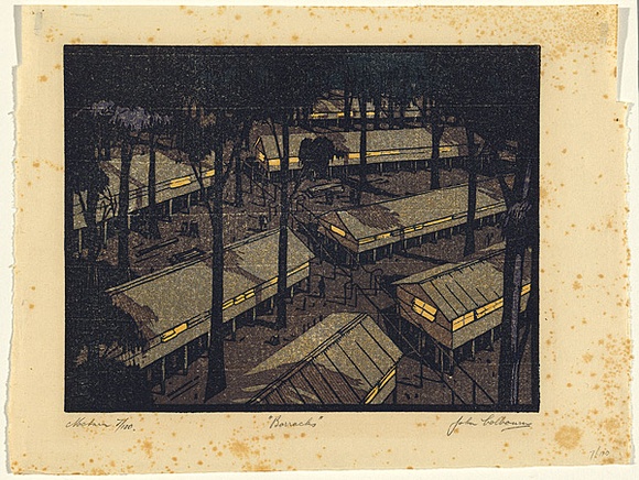 Title: b'Barracks' | Date: c.1942 | Technique: b'linocut, printed in colour, from multiple blocks'