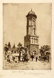 Artist: LINDSAY, Lionel | Title: St James Cathedral Tower, Melbourne, demolished | Date: 1914 | Technique: etching and aquatint, printed in brown ink with plate-tone, from one plate | Copyright: Courtesy of the National Library of Australia