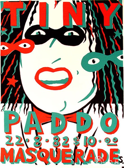 Artist: b'Sharp, Martin.' | Title: b'Tiny Paddo Masquerade' | Date: 1982 | Technique: b'screenprint, printed in colour, from three stencils'