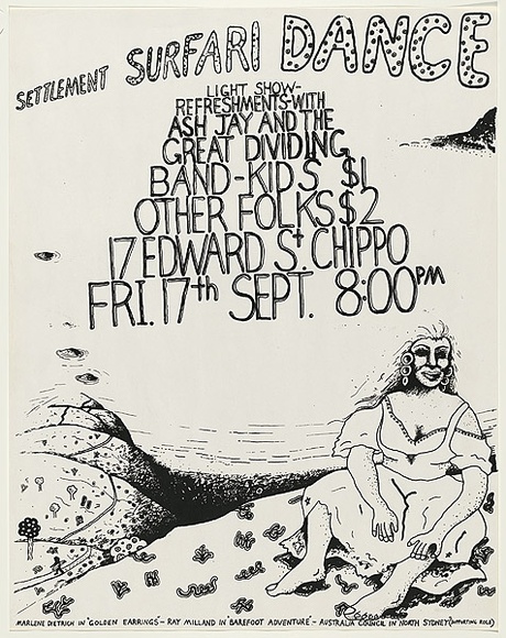 Artist: b'WORSTEAD, Paul' | Title: b'Settlement Surfari Dance: light show - Refreshments - with Ash Jay and The Great Dividing Band' | Date: 1976 | Technique: b'screenprint, printed in colour, from multiple stencils' | Copyright: b'This work appears on screen courtesy of the artist'