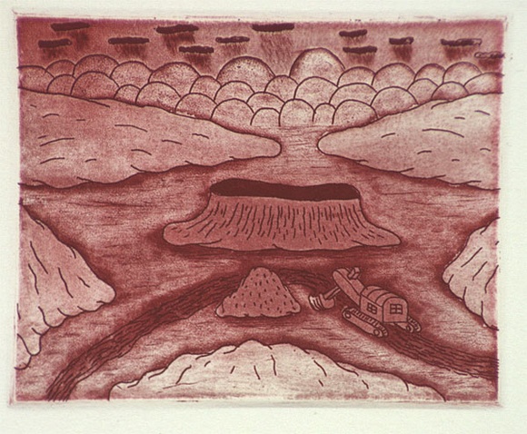 Artist: b'Bowen, Dean.' | Title: b'The excavator' | Date: 1989 | Technique: b'etching, printed in red ink, from one plate'