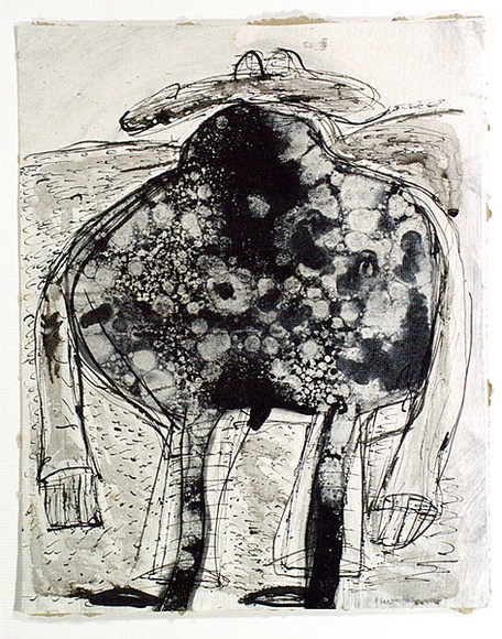 Artist: b'Partos, Paul.' | Title: b'(Figure with hat in landscape)' | Date: 1963 | Technique: b'monotype, printed in colour, from one plate'