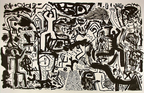 Artist: b'Fransella, Graham.' | Title: b'not titled [abstract design with figures]' | Date: 1986 | Technique: b'lithograph printed in black ink, from one stone' | Copyright: b'Courtesy of the artist'