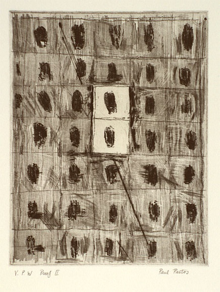 Artist: b'Partos, Paul.' | Title: b'not titled [grid of mid-tone greys with dark ovals in centre and two light central squares]' | Date: 1986, March - April | Technique: b'etching, burnished aquatint, roulette and drypoint, printed in black ink, from one plate'