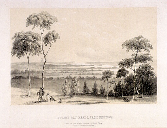 Title: b'Botany Bay Heads, from Newtown' | Date: 1848 | Technique: b'lithograph, printed in black ink, from one stone; hand-coloured'