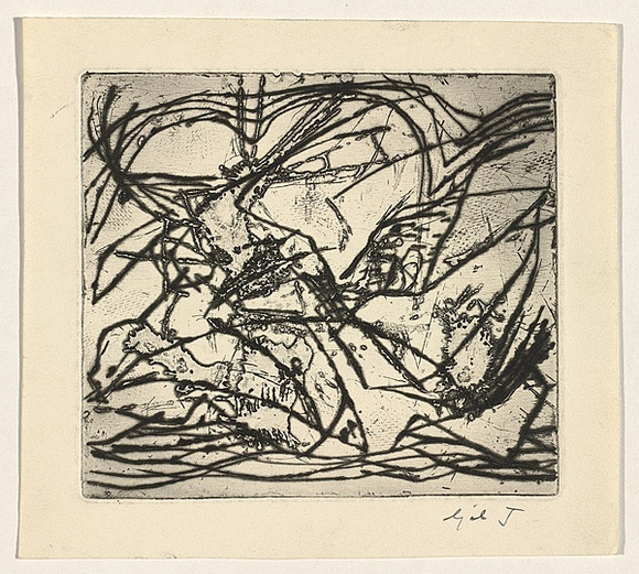 Title: b'not titled [experimental image with etched lines and open-bite]' | Date: c.1960 | Technique: b'drypoint and open-biting, printed in black ink, from one plate'