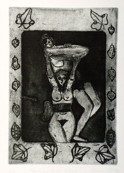 Artist: b'SHEARER, Mitzi' | Title: b'The fruits of our labour' | Date: 1980 | Technique: b'etching and aquatint, printed in black ink, from one plate'