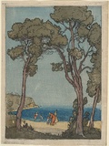 Artist: b'LINDSAY, Lionel' | Title: b'Beach scene with figures' | Date: c.1917 | Technique: b'etching, printed in black ink, from one plate; over woodcut, printed in colour, from multiple blocks' | Copyright: b'Courtesy of the National Library of Australia'