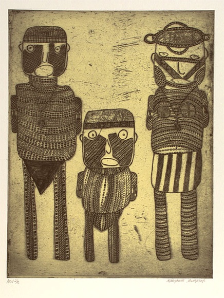 Artist: b'MUNGATOPI, Maryanne' | Title: b'not titled [3 figures]' | Date: 1999, July | Technique: b'etching, intaglio and relief printed in colour, from one plate'