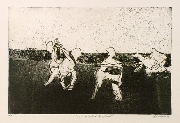 Artist: b'BALDESSIN, George' | Title: b'Figures in landscape (spring dance).' | Date: 1963 | Technique: b'etching, aquatint and foul biting printed with plate-tone, from one plate'