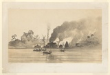 Artist: SABATIER, Leon-Jean-Baptiste. | Title: Incendie du village de Piva.  (Iles Vite). (Burning of the village of Piva. (Vite Islands) | Date: 1846 | Technique: lithograph, printed in colour, from two stones; with highlights in white body colour on water