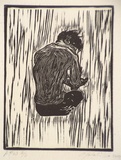 Artist: WEBSTER, Natalie | Title: not titled [seated figure with concentric lines on his back] | Date: 2000, November | Technique: linocut, printed in black ink, from one block