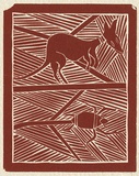 Artist: b'Manydjarri, Wilson.' | Title: b'Wedi and Budok' | Date: 1971 | Technique: b'linocut, printed in red-brown ink, from one block'