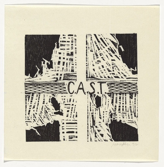 Artist: b'Marsden, David' | Title: b'C.A.S.T' | Date: 1992 | Technique: b'woodcut, found objects, metal grid, printed in black ink, from two blocks'