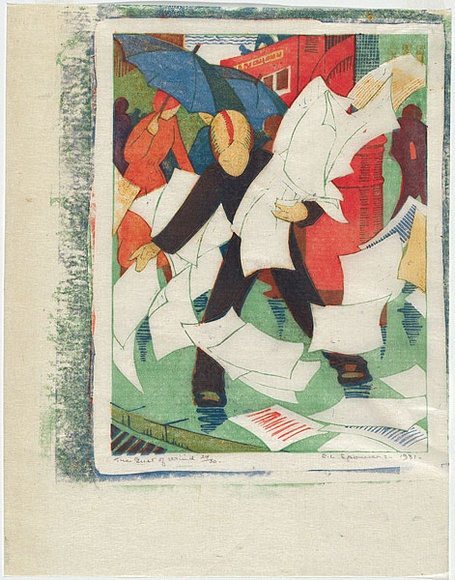 Artist: b'Spowers, Ethel.' | Title: b'The gust of wind.' | Date: 1930-31 | Technique: b'linocut, printed in colour, from four blocks (red, light green, cobalt blue and yellow ochre)'