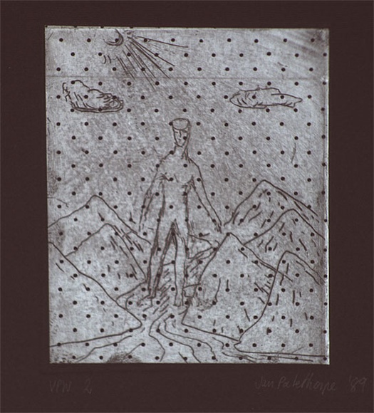 Artist: b'Palethorpe, Jan' | Title: b'not titled [figure in river in mountains]' | Date: 1989 | Technique: b'etching, printed in black ink, from one plate; chine coll\xc3\xa9'