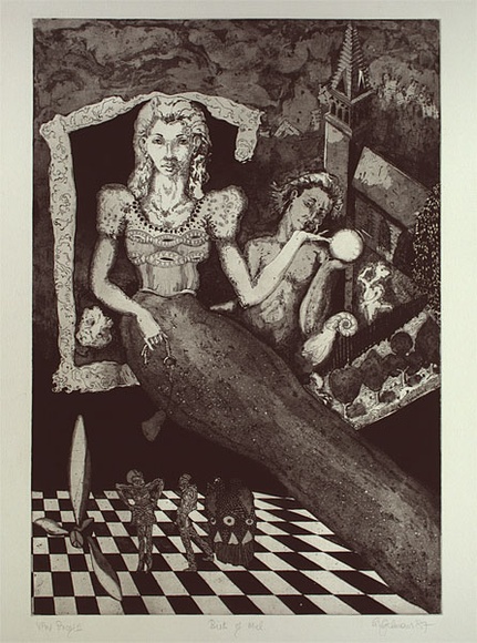 Artist: b'Gimour, Geoff.' | Title: b'Birth of Mel' | Date: 1987 | Technique: b'etching and aquatint, printed in black ink, from one plate'