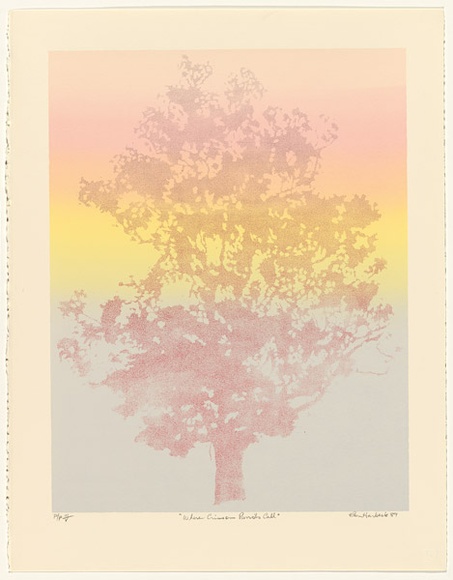 Artist: b'Harbeck, Ron.' | Title: b'Where crimson parrots call.' | Date: 1989 | Technique: b'screenprint, printed in colour, from six stencils'