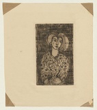 Title: not titled [woman in floral dress] | Technique: etching, printed in brown ink, from one plate