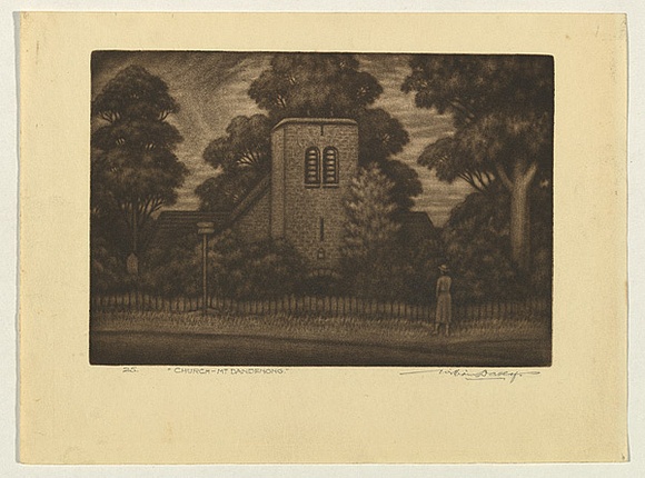 Title: b'Church - Mt Dandenong' | Date: 1930s | Technique: b'mezzotint, printed in dark brown ink, from one plate'