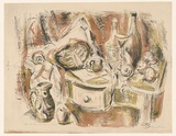 Artist: b'MACQUEEN, Mary' | Title: b'The kitchen table' | Date: 1958 | Technique: b'lithograph, printed in colour, from three plates in orange, yellow and black ink' | Copyright: b'Courtesy Paulette Calhoun, for the estate of Mary Macqueen'