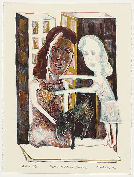 Artist: b'Sibley, Andrew.' | Title: b'Mother and child (Urban)' | Date: 1990 | Technique: b'lithograph, printed in colour, from six stones'