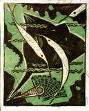 Artist: b'Syme, Eveline' | Title: b'Fish pattern' | Date: 1958 | Technique: b'linocut, printed in colour, from two blocks (emerald green, brown)'