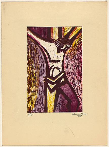 Title: b'not titled [Christ on the cross]' | Date: 1950s-60s | Technique: b'linocut, printed in colour, from multiple blocks'