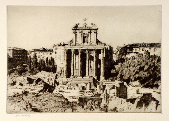 Artist: b'LINDSAY, Lionel' | Title: b'San Lorenzo in the Forum, Rome' | Date: 1928 | Technique: b'drypoint, printed in brown ink with plate-tone, from one plate' | Copyright: b'Courtesy of the National Library of Australia'