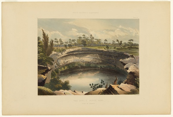 Artist: b'Angas, George French.' | Title: bThe Devil's Punch Bowl, Mt Gambier. | Date: 1846-47 | Technique: b'lithograph, printed in colour, from multiple stones; varnish highlights by brush'