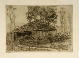 Artist: Dwyer, Ella. | Title: A bush hut. | Date: c.1935 | Technique: etching, printed in brown ink with plate-tone, from one plate