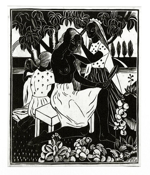 Artist: b'Berndt, Eileen.' | Title: b'Susannah and her maidens.' | Date: c.1935 | Technique: b'linocut, printed in black ink, from one block'